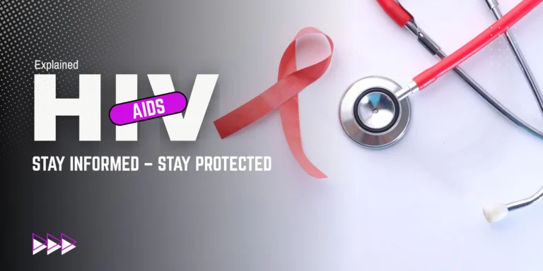 Illustration showing the difference between HIV virus and AIDS condition with prevention icons like condoms and medicine.
